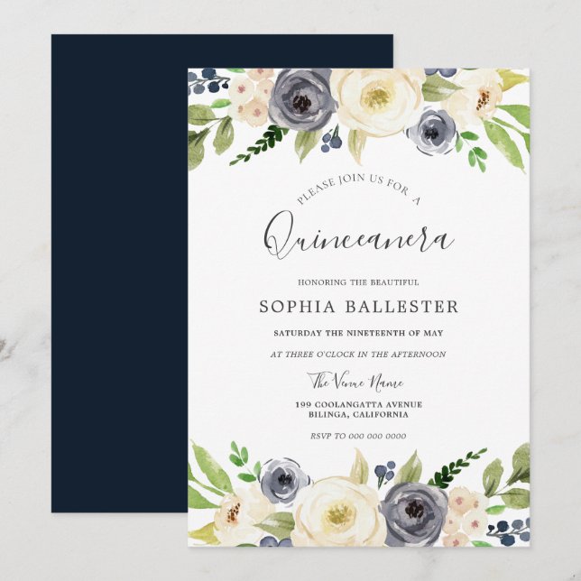 Navy & White Champagne Floral Quinceanera Party Invitation (Front/Back)