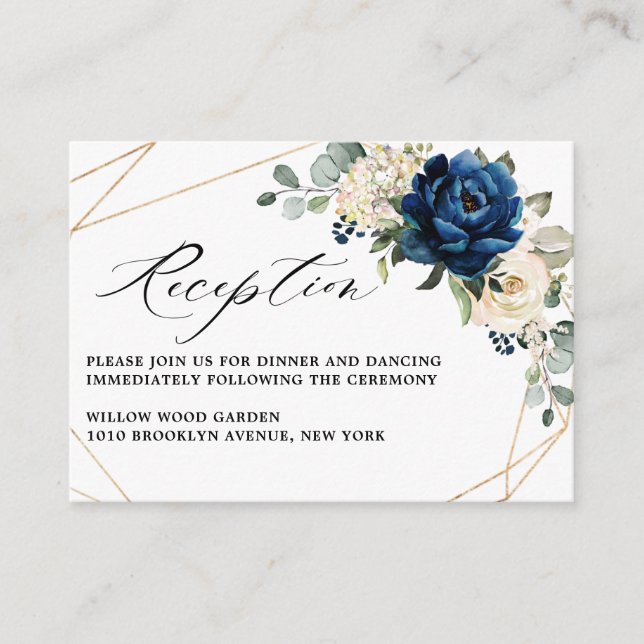 Navy White Champagne Ivory Geometric Reception Enclosure Card (Front)