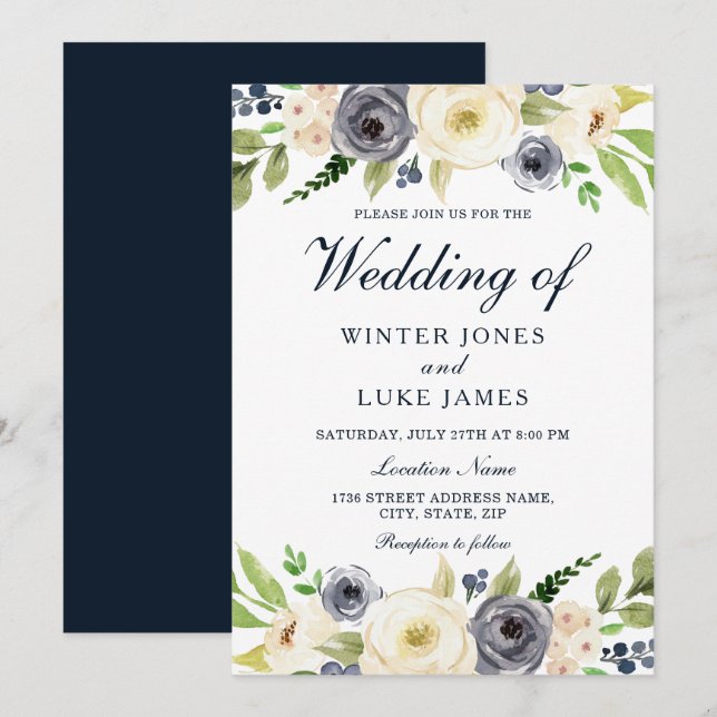 Navy & White Champagne Watercolor Floral Wedding Invitation (Front/Back)