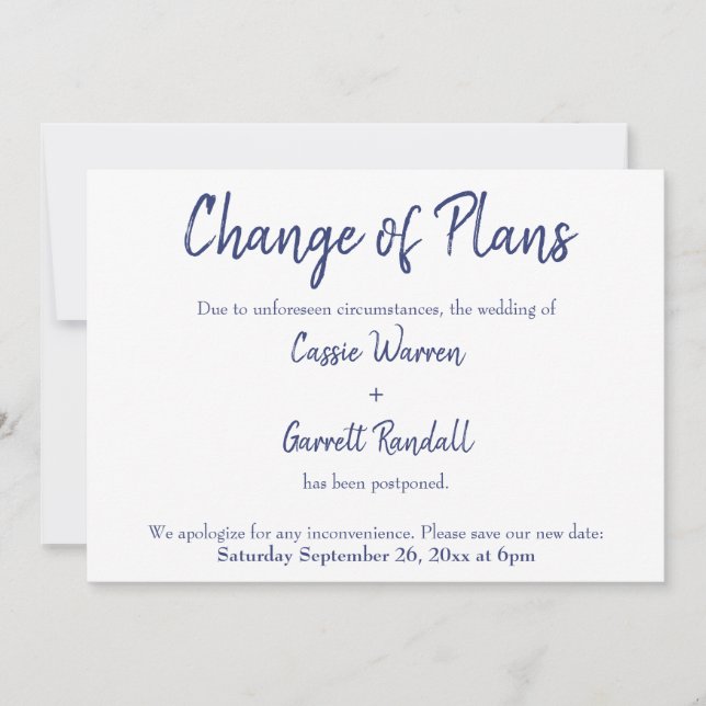 Navy White Change of Plans Postponed Wedding Card (Front)