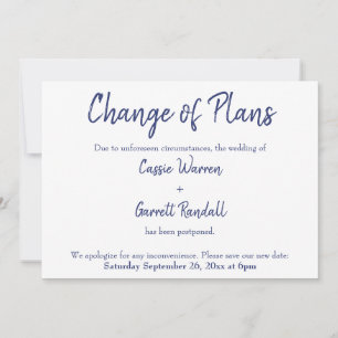 Navy White Change of Plans Postponed Wedding Card