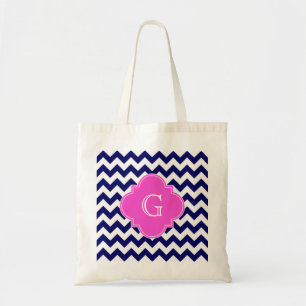 Navy White Chevron Hot Pink Quatrefoil Monogram Tote Bag