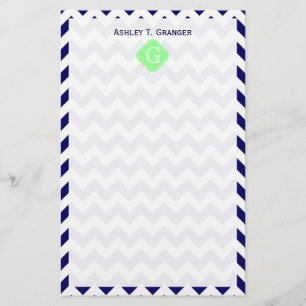 Navy White Chevron Mint Green Quatrefoil Monogram Stationery