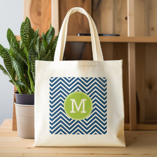 Navy White Chevron Pattern with Green Monogram Tote Bag