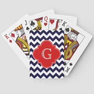 Navy White Chevron Red Quatrefoil 3 Monogram Playing Cards