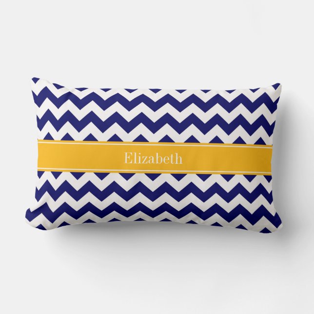 Navy White Chevron ZigZag Goldenrod Name Monogram Lumbar Cushion (Front)
