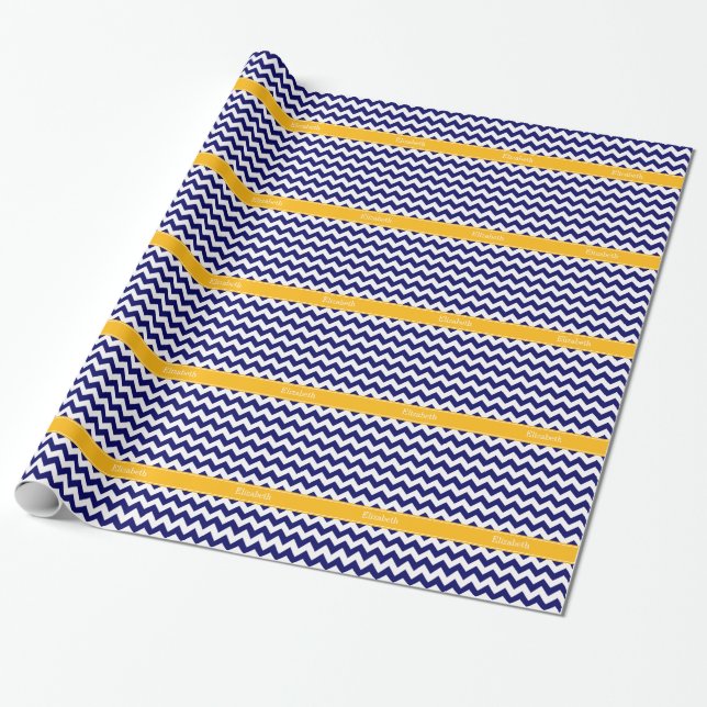 Navy White Chevron ZigZag Goldenrod Name Monogram Wrapping Paper (Unrolled)