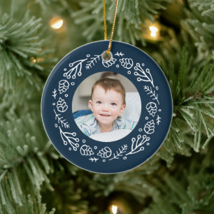 Navy & White Christmas Pinecone Wreath Photo Ceramic Tree Decoration