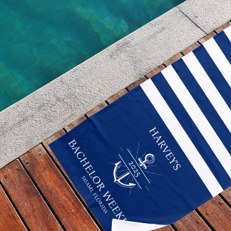 Navy & White Coastal Personalised Bachelor Weekend Beach Towel
