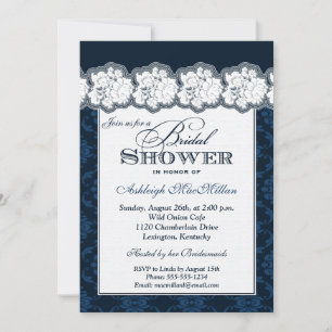 Navy, White Damask, Lace Bridal Shower Invite