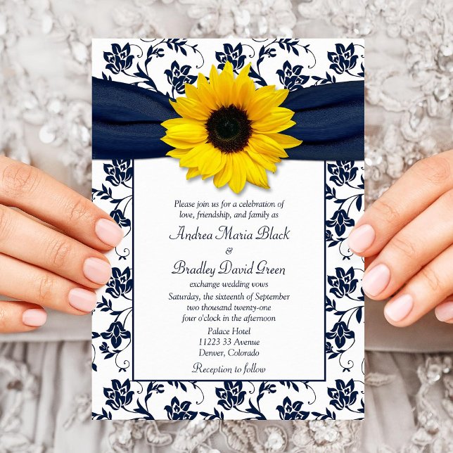 Navy White Damask Sunflower Wedding Invitation (Creator Uploaded)
