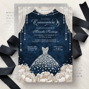 Navy White Diamond Floral Quinceanera Invitation