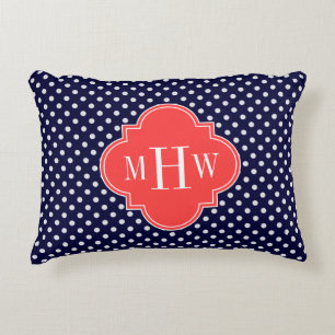 Navy White Dot Coral Red Quatrefoil 3 Monogram Decorative Cushion