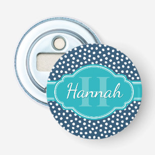 Navy White Dotted Pattern Teal Monogram Bottle Opener