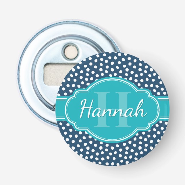 Navy White Dotted Pattern Teal Monogram Bottle Opener (Front)