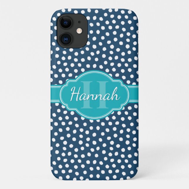 Navy White Dotted Pattern Teal Monogram Case-Mate iPhone Case (Back)