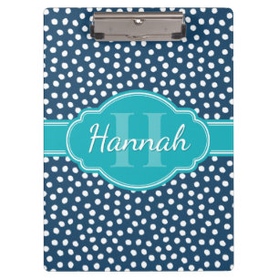 Navy White Dotted Pattern Teal Monogram Clipboard