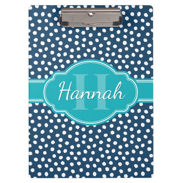 Navy White Dotted Pattern Teal Monogram Clipboard (Front)