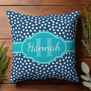 Navy White Dotted Pattern Teal Monogram Cushion