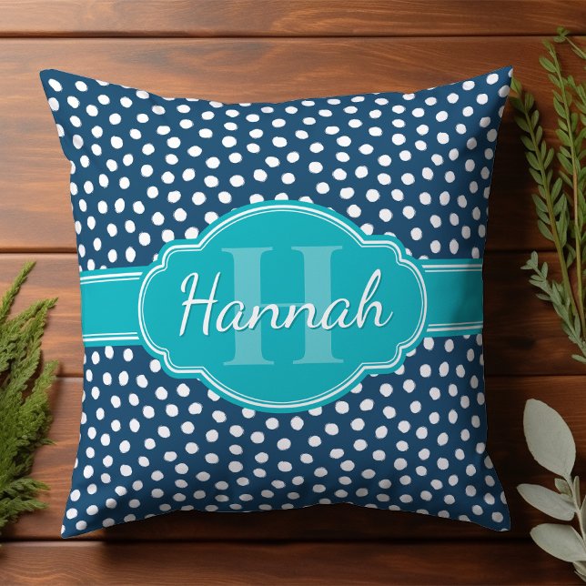 Navy White Dotted Pattern Teal Monogram Cushion (Creator Uploaded)