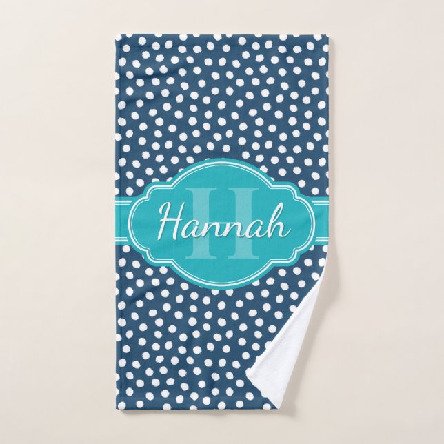 Navy White Dotted Pattern Teal Monogram Hand Towel (Hand Towel)