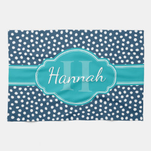 Navy White Dotted Pattern Teal Monogram Tea Towel