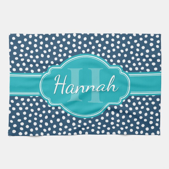 Navy White Dotted Pattern Teal Monogram Tea Towel (Horizontal)