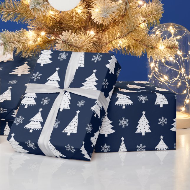 Navy & White Festive Christmas Tree Pattern Wrapping Paper (Holidays)
