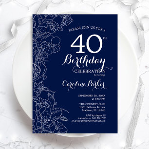 Navy White Floral 40th Birthday Party Invitation
