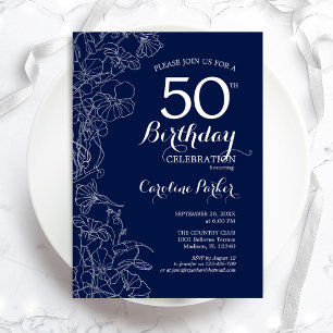 Navy White Floral 50th Birthday Party Invitation