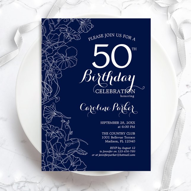 Navy White Floral 50th Birthday Party Invitation (Creator Uploaded)
