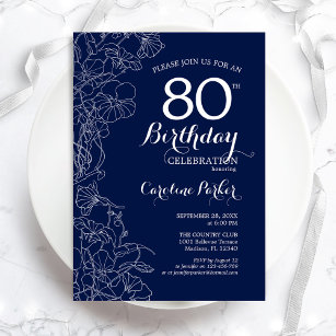 Navy White Floral 80th Birthday Party Invitation