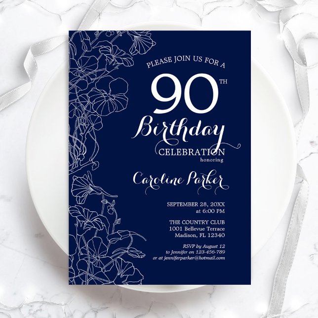 Navy White Floral 90th Birthday Party Invitation (Creator Uploaded)