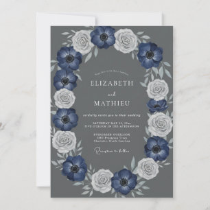 Navy White Floral Arch Wedding Invitation