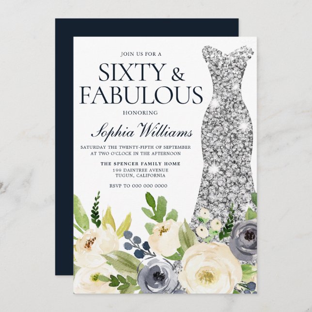 Navy & White Floral Diamond Dress 60th Birthday Invitation (Front/Back)