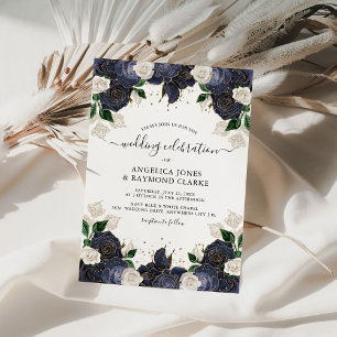 Navy & White Floral Elegant Wedding Invitation