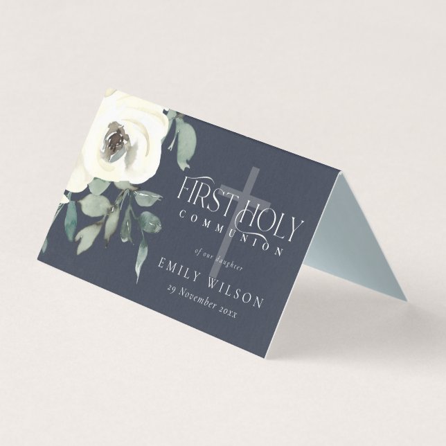 NAVY WHITE FLORAL FIRST HOLY COMMUNION PLACE CARD (Back)