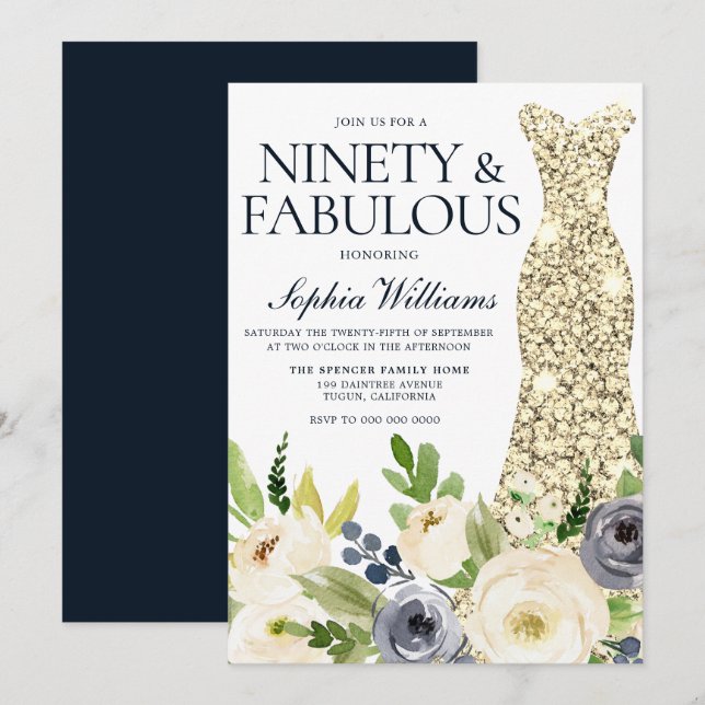 Navy & White Floral Gold Dress 90th Birthday Party Invitation (Front/Back)
