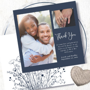 Navy White Floral Handwritten Wedding Thank You Invitation