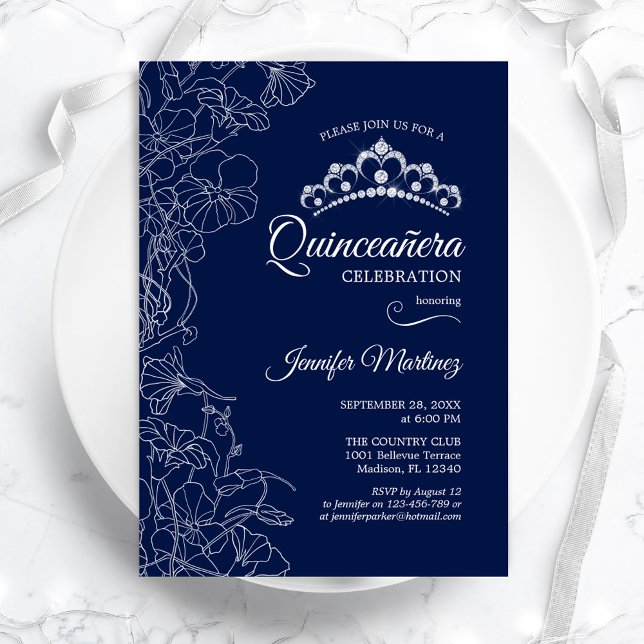 Navy White Floral Quinceanera Party Invitation (Creator Uploaded)