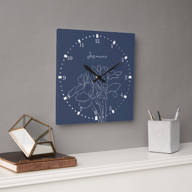 Navy White Floral Sketch Custom Name Square Wall Clock (Office)