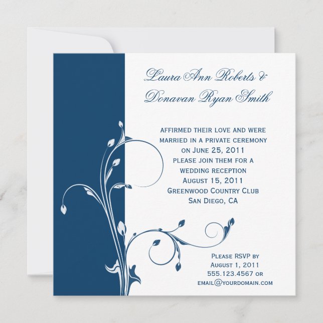 Navy White Floral Swirls Post Wedding Invitation (Front)
