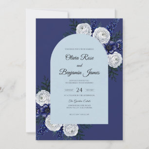 Navy White Flower Eucalyptus Wedding Invitation