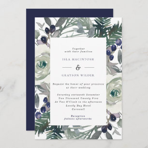 Navy & White Flowers & Berries Winter Wedding Invitation