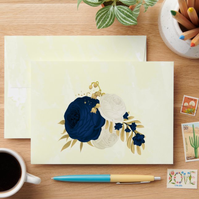 navy & white flowers gold botanical wedding envelope (Desk)