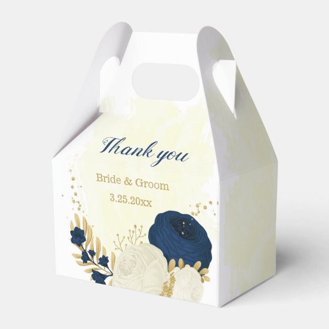 navy & white flowers gold botanical wedding favour box (Front Side)