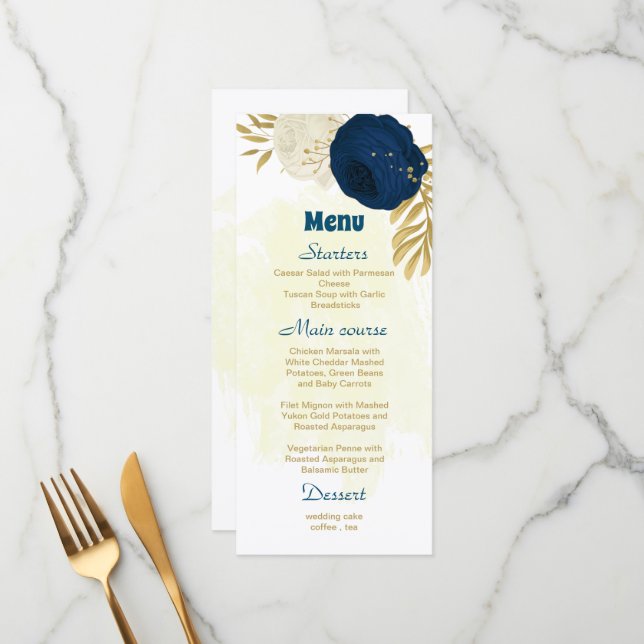 navy & white flowers gold botanical wedding  menu (Front/Back In Situ)