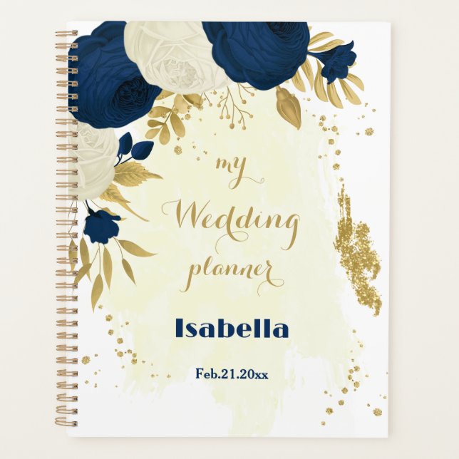 navy & white flowers gold botanical wedding planner (Front)