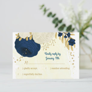 navy & white flowers gold botanical wedding RSVP card