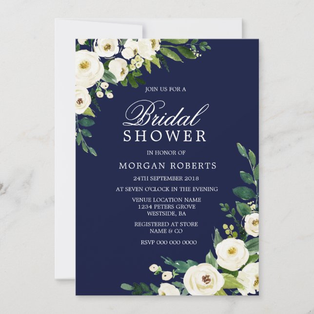 Navy & White Flowers Modern Bridal Shower Invite (Front)